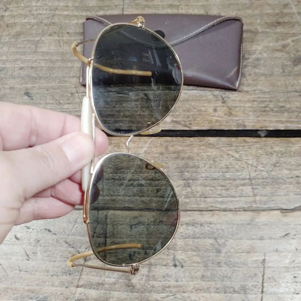 Vintage Tasco Aviator Shades Sunglasses & Case Japan Gold Frame